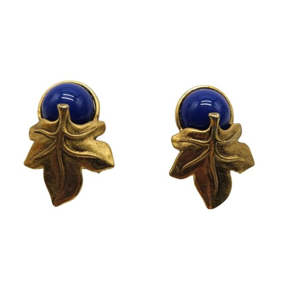 Vintage Gold Tone Leaf High End Clip On Earrings Blue Cabochon Accent 1.5 Inch - Picture 1 of 5